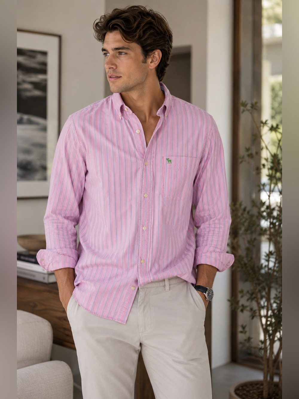 Sz L Abercrombie & Fitch Pink Pinstripe button up shirt $59 MSRP